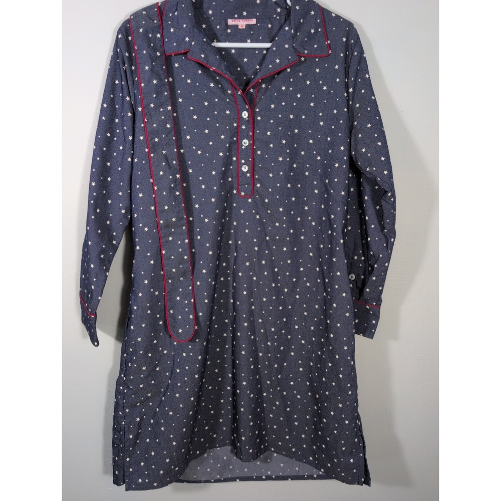 Kayce Hughes Blue White Star Print Dress with Red Piping, Size 10